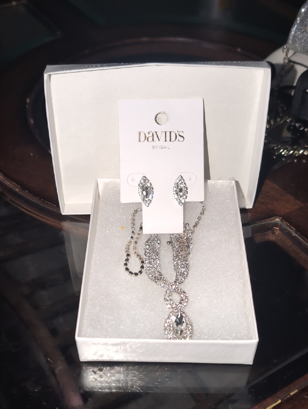 David's Bridal Silver Crystal Pendant Necklace with Matching Earrings